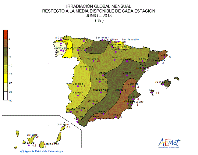 Distribución de la irradiación media global en España (junio 2018)