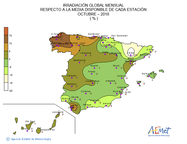 Distribución de la irradiación media global en España (octubre 2018)