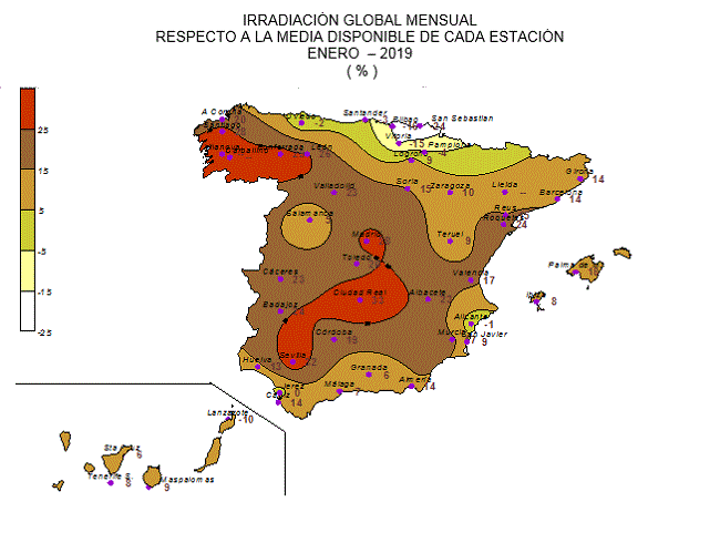 Distribución de la irradiación media global en España (enero 2019)
