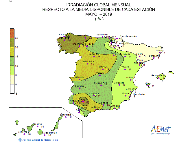 Distribución de la irradiación media global en España (mayo 2019)
