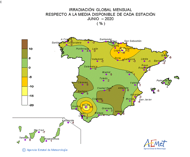 Distribución de la irradiación media global en España (junio 2020)