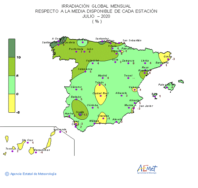 Distribución de la Irradiaciín media global en España (julio 2020)