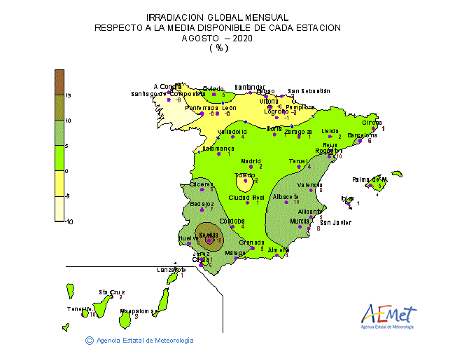 Distribución de la Irradiación media global en España (agosto 2020)