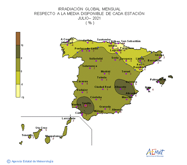 Distribución de la Irradiación media global en España (julio 2021)