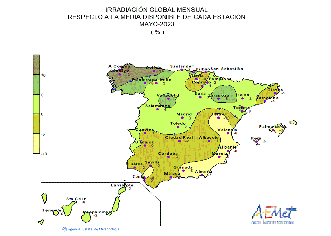Distribución de la Irradiación media global en España (mayo 2023)
