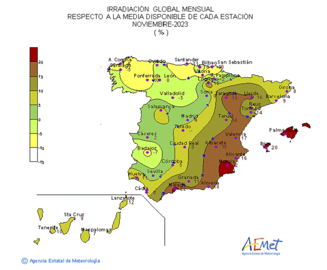 Distribución de la Irradiación media global en España (noviembre 2023)