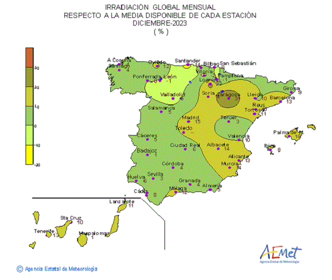 Distribución de la Irradiación media global en España (diciembre 2023)