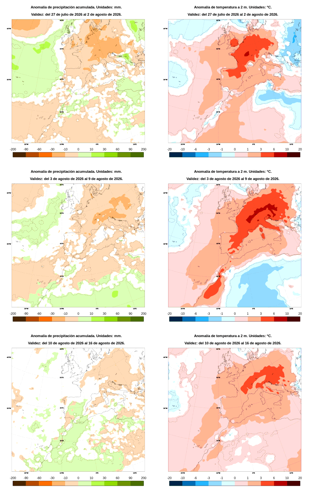 Anomal�a de precipitaci�n y temperatura entre el lunes 27 de julio y el domingo 16 de agosto de 2026