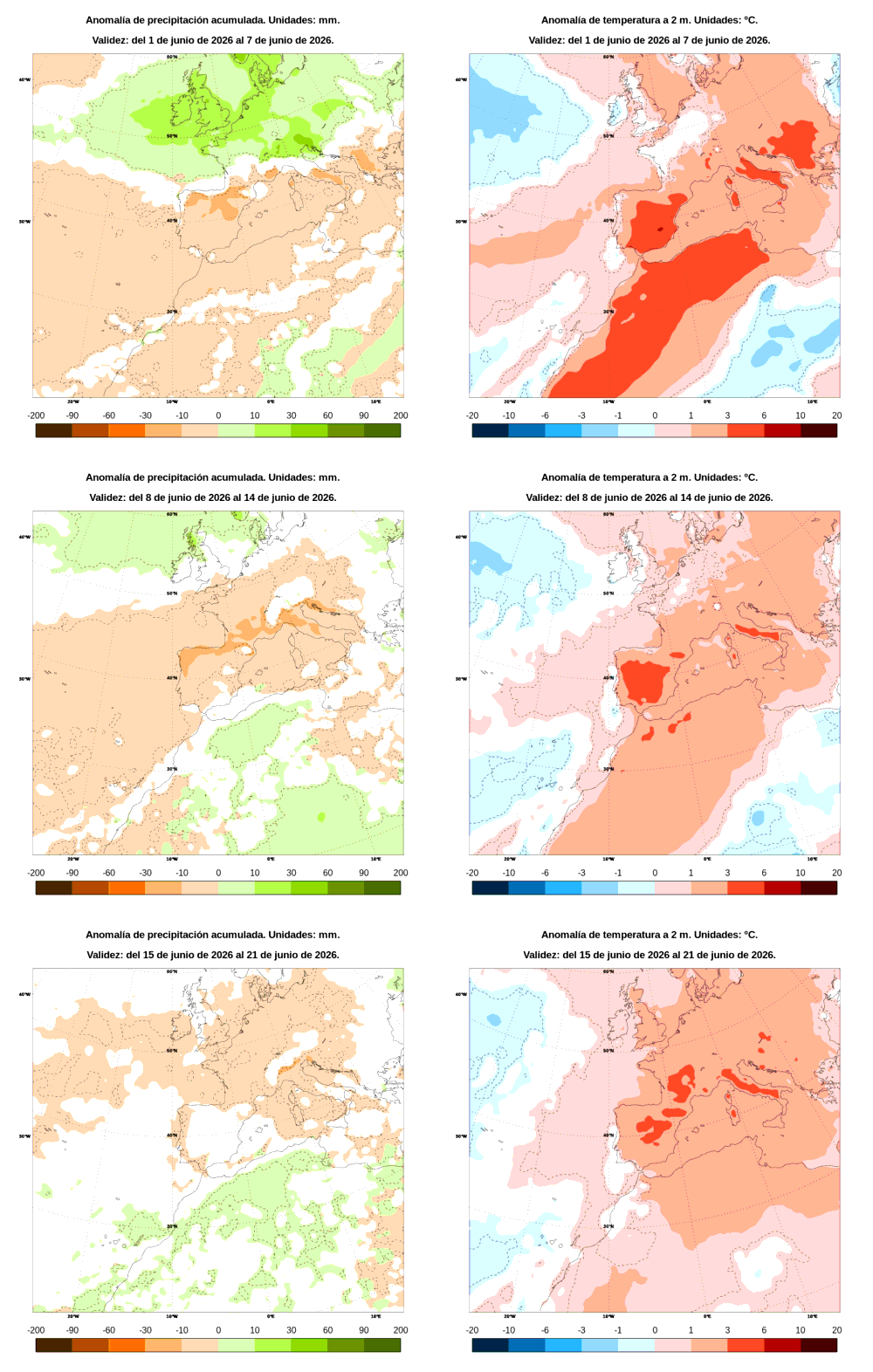 Anomal�a de precipitaci�n y temperatura entre el lunes 1 de junio y el domingo 21 de junio de 2026