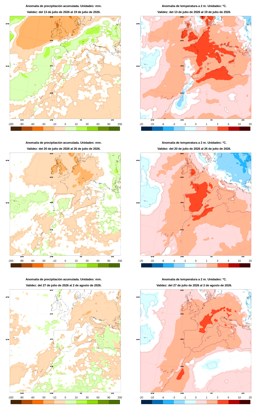 Anomal�a de precipitaci�n y temperatura entre el lunes 13 de julio y el domingo 2 de agosto de 2026