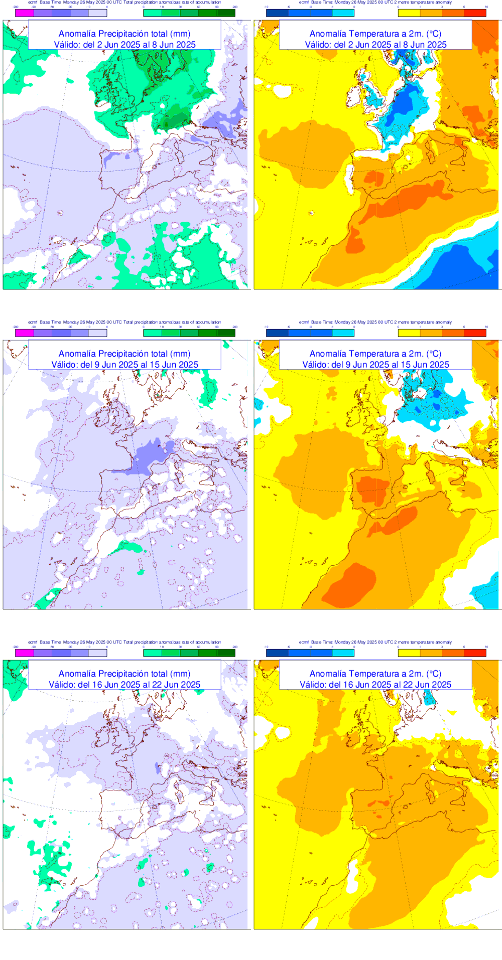 Anomala de precipitacin y temperatura entre el lunes 2 de junio y el domingo 22 de junio de 2025