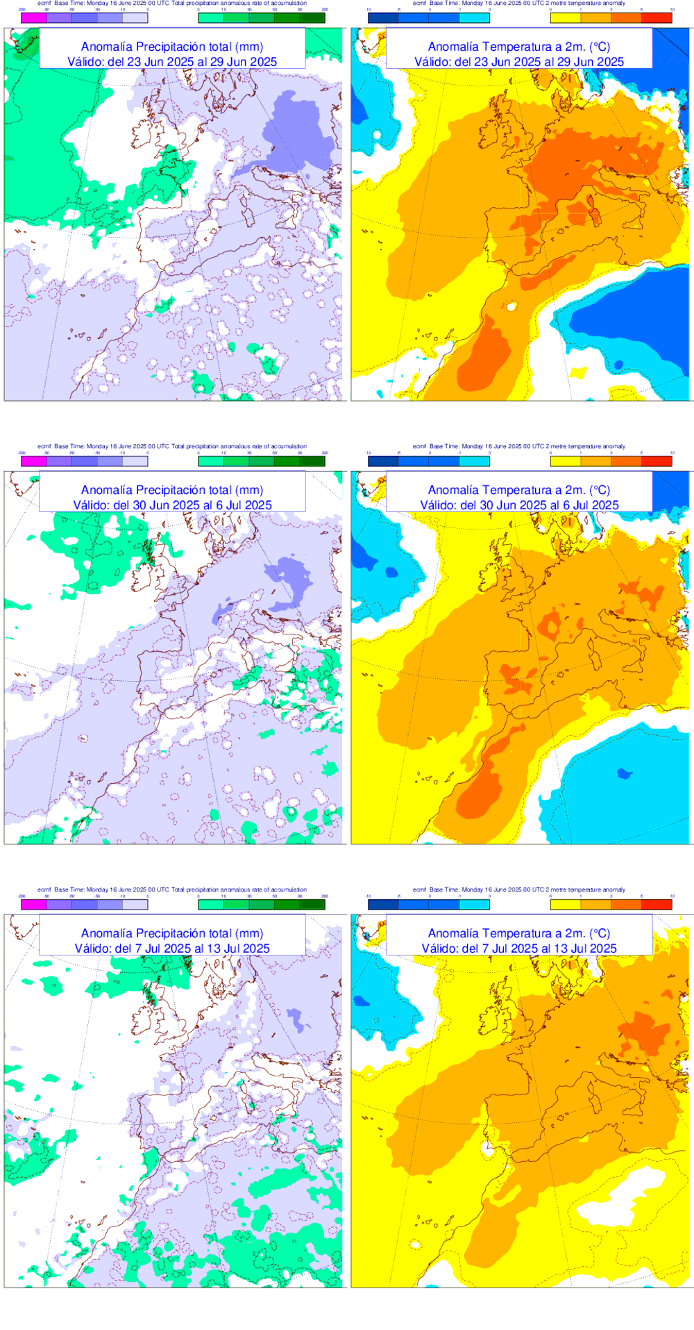 Anomala de precipitacin y temperatura entre el lunes 23 de junio y el domingo 13 de julio de 2025