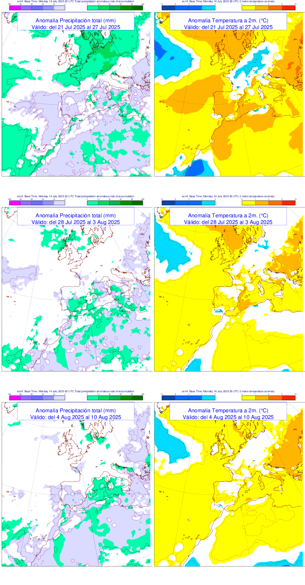 Anomala de precipitacin y temperatura entre el lunes 21 de julio y el domingo 10 de agosto de 2025