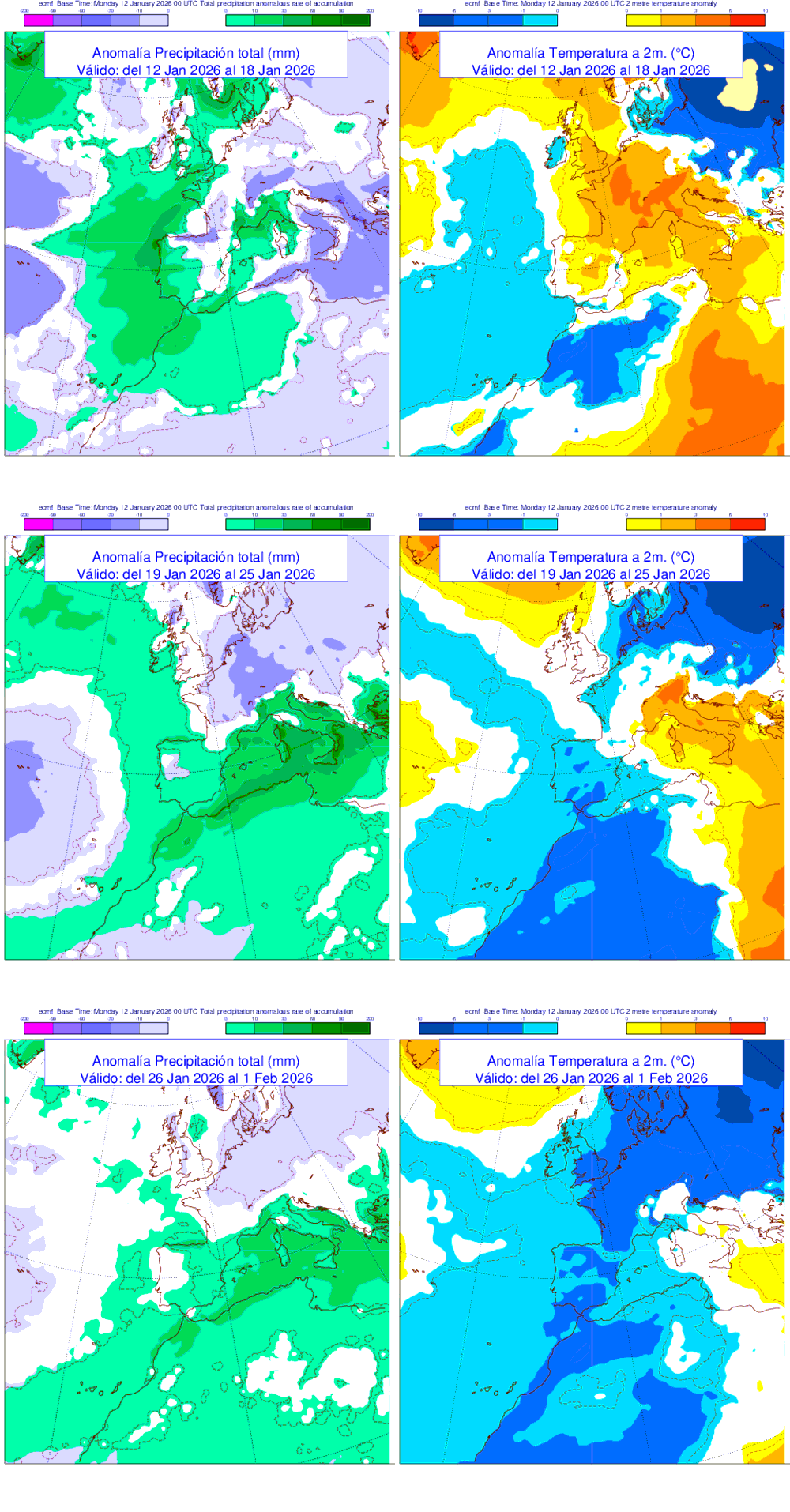 Anomal�a de precipitaci�n y temperatura entre el lunes 12 de enero y el domingo 1 de febrero de 2026