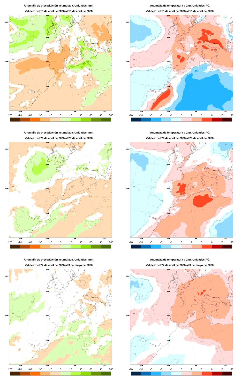 Anomal�a de precipitaci�n y temperatura entre el lunes 13 de abril y el domingo 3 de mayo de 2026