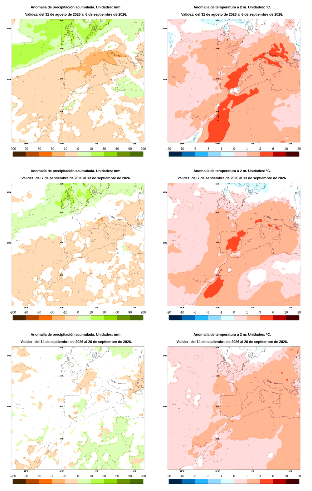 Anomal�a de precipitaci�n y temperatura entre el lunes 31 de agosto y el domingo 20 de septiembre de 2026