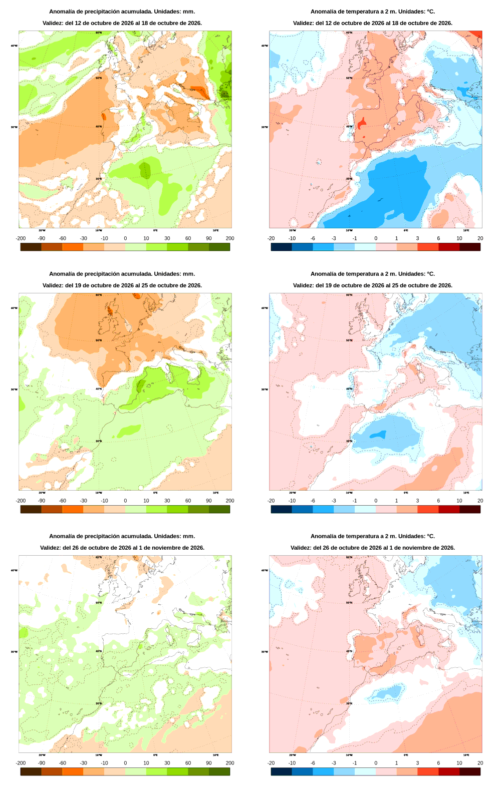 Anomal�a de precipitaci�n y temperatura entre el lunes 12 de octubre y el domingo 1 de noviembre de 2026