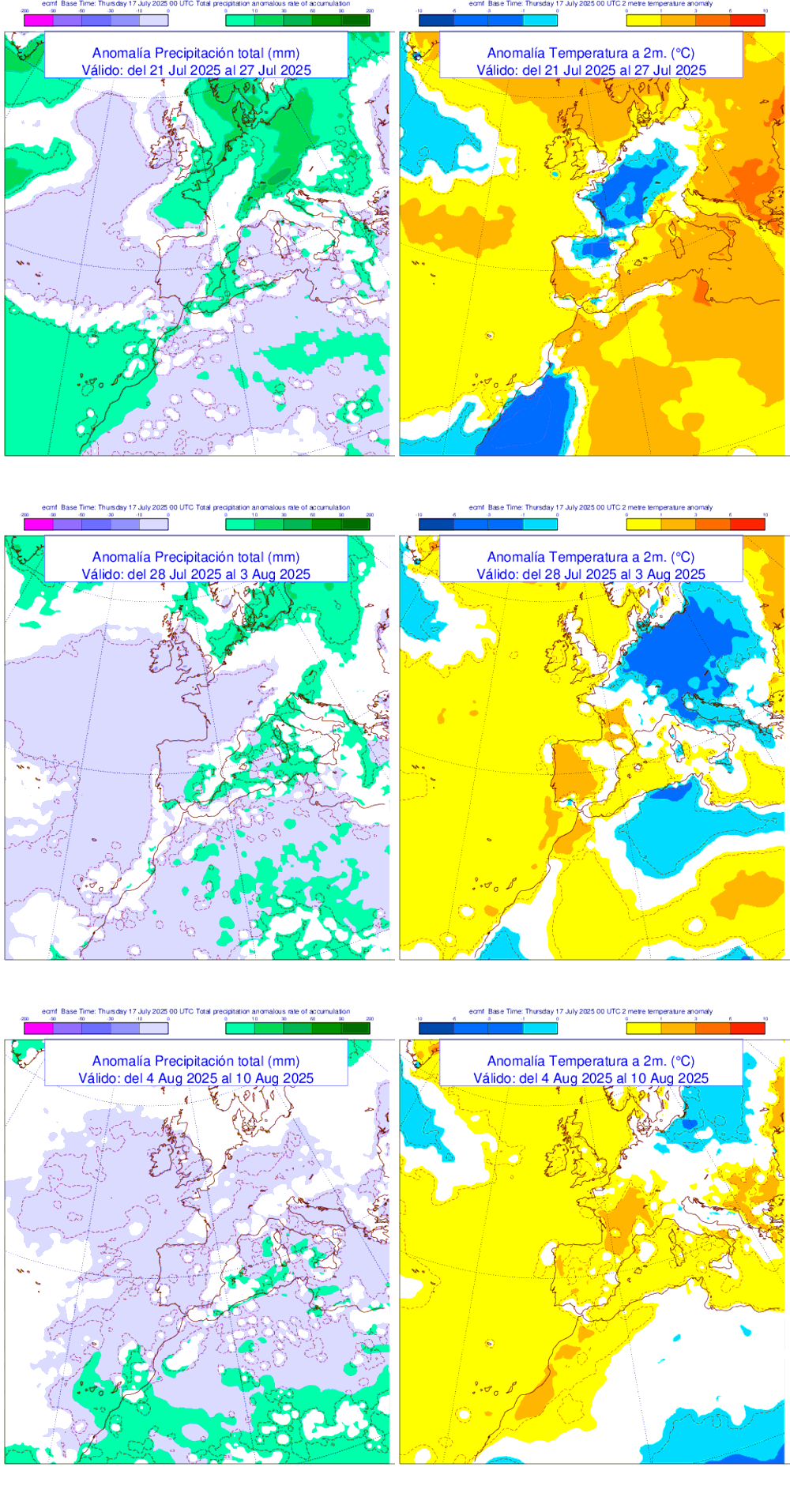 Anomala de precipitacin y temperatura entre el lunes 21 de julio y el domingo 10 de agosto de 2025