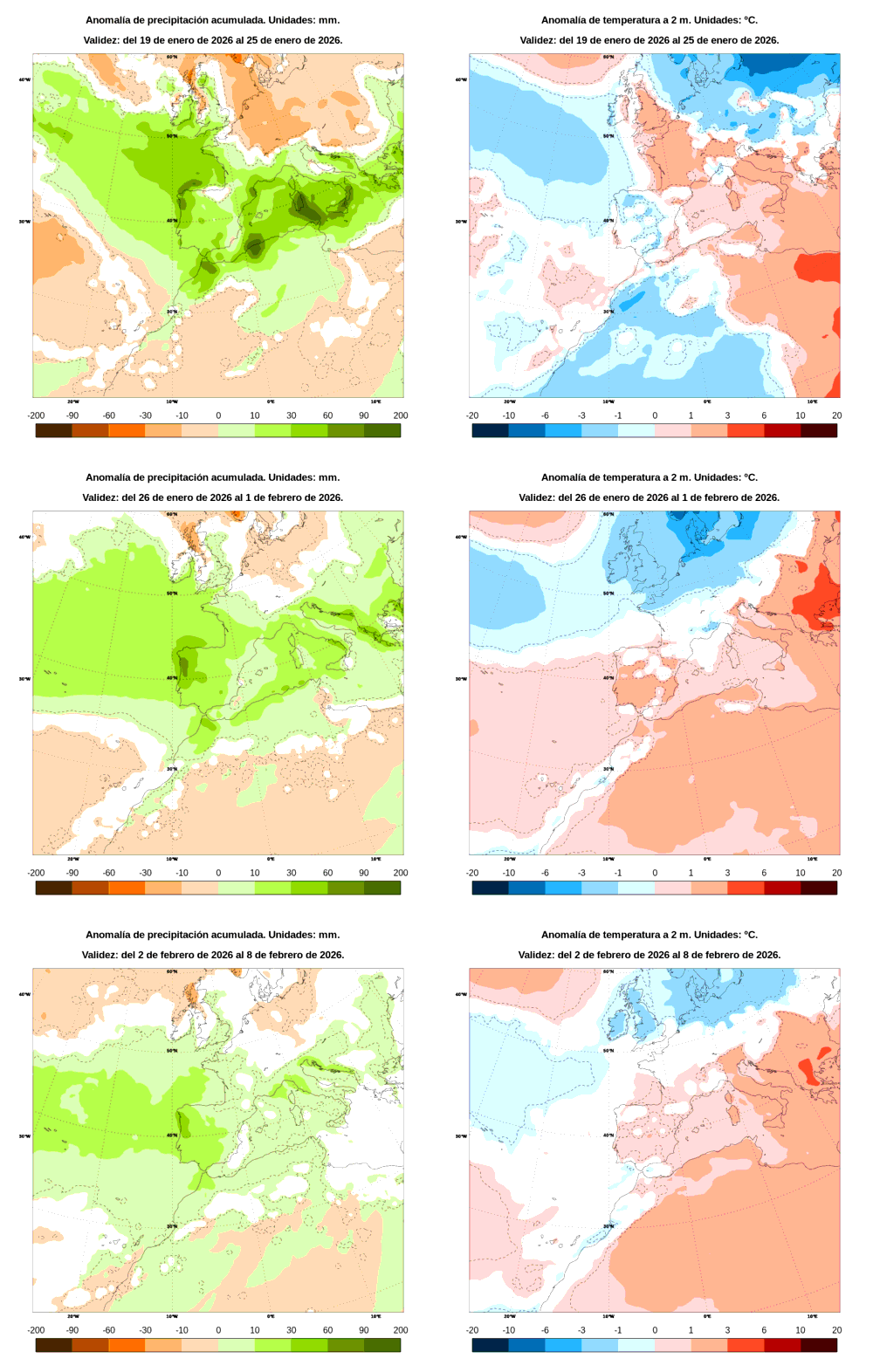Anomal�a de precipitaci�n y temperatura entre el lunes 19 de enero y el domingo 8 de febrero de 2026