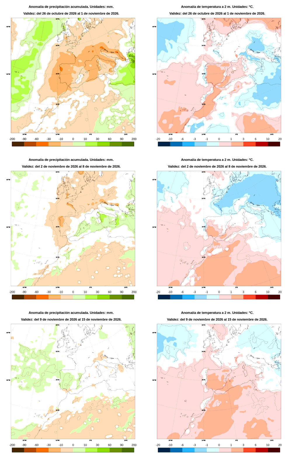 Anomal�a de precipitaci�n y temperatura entre el lunes 26 de octubre y el domingo 15 de noviembre de 2026