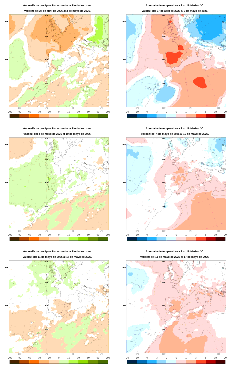 Anomal�a de precipitaci�n y temperatura entre el lunes 27 de abril y el domingo 17 de mayo de 2026