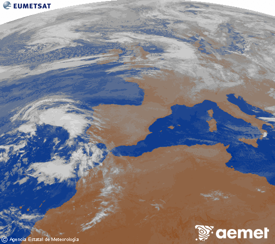 Imagen de la zona de Europa y Norte de frica del canal infrarrojo del satlite Meteosat operacional en 0N 0W, procesada para darle color. mardi, 28 octobre  2025 05:00