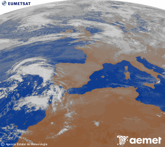 Imagen de la zona de Europa y Norte de frica del canal infrarrojo del satlite Meteosat operacional en 0N 0W, procesada para darle color. mardi, 28 octobre  2025 06:00
