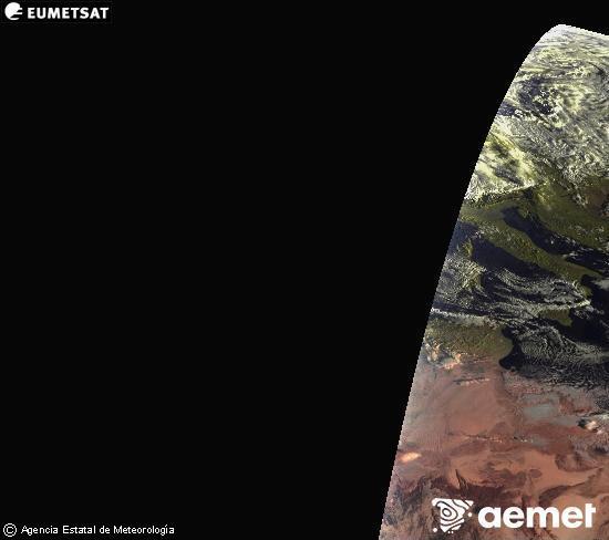 Aquesta imatge es genera utilitzant informaci dels canals visibles del satllit METEOSAT, que pertany a la segona generaci de satllits Meteosat (MSG). Per aquest motiu, noms hi ha informaci en la zona illuminada pel sol. A ms, els canals han sigut normalitzats perqu la lluentor no depenga de la posici del sol. dimarts, 28 d?octubre  2025 07:00