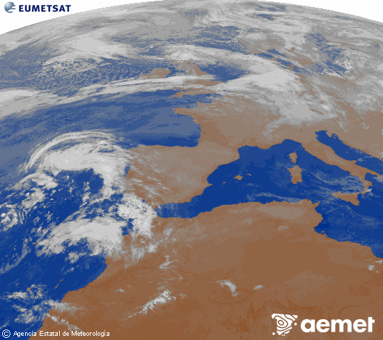 Imagen de la zona de Europa y Norte de frica del canal infrarrojo del satlite Meteosat operacional en 0N 0W, procesada para darle color. mardi, 28 octobre  2025 07:00