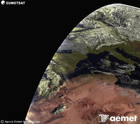 Aquesta imatge es genera utilitzant informaci dels canals visibles del satllit METEOSAT, que pertany a la segona generaci de satllits Meteosat (MSG). Per aquest motiu, noms hi ha informaci en la zona illuminada pel sol. A ms, els canals han sigut normalitzats perqu la lluentor no depenga de la posici del sol. dimarts, 28 d?octubre  2025 08:00