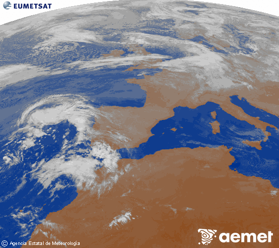 Imagen de la zona de Europa y Norte de frica del canal infrarrojo del satlite Meteosat operacional en 0N 0W, procesada para darle color. mardi, 28 octobre  2025 08:00