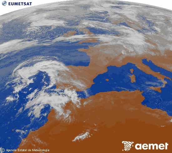 Imagen de la zona de Europa y Norte de frica del canal infrarrojo del satlite Meteosat operacional en 0N 0W, procesada para darle color. mardi, 28 octobre  2025 10:00