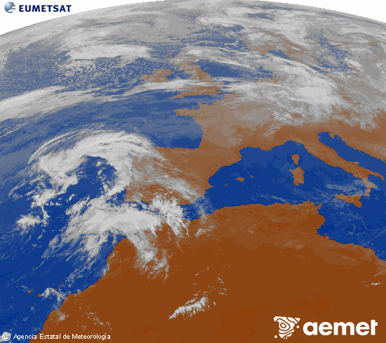 Imagen de la zona de Europa y Norte de frica del canal infrarrojo del satlite Meteosat operacional en 0N 0W, procesada para darle color. mardi, 28 octobre  2025 11:00