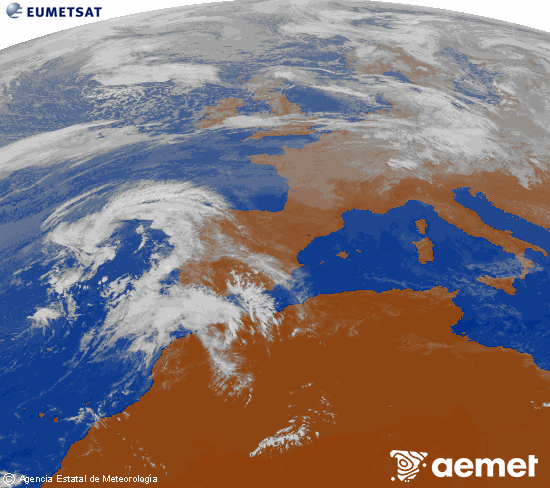 Imagen de la zona de Europa y Norte de frica del canal infrarrojo del satlite Meteosat operacional en 0N 0W, procesada para darle color. mardi, 28 octobre  2025 12:00