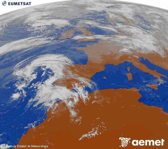 Imagen de la zona de Europa y Norte de frica del canal infrarrojo del satlite Meteosat operacional en 0N 0W, procesada para darle color. mardi, 28 octobre  2025 13:00