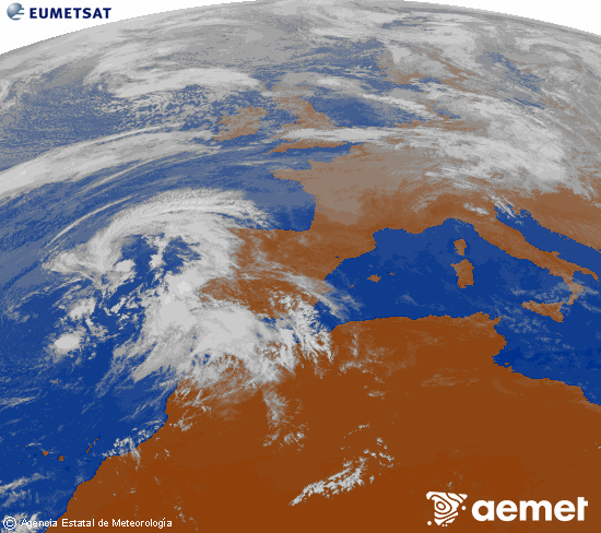 Imagen de la zona de Europa y Norte de frica del canal infrarrojo del satlite Meteosat operacional en 0N 0W, procesada para darle color. mardi, 28 octobre  2025 14:00