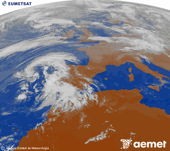Imagen de la zona de Europa y Norte de frica del canal infrarrojo del satlite Meteosat operacional en 0N 0W, procesada para darle color. mardi, 28 octobre  2025 15:00
