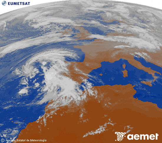 Imagen de la zona de Europa y Norte de frica del canal infrarrojo del satlite Meteosat operacional en 0N 0W, procesada para darle color. mardi, 28 octobre  2025 16:00