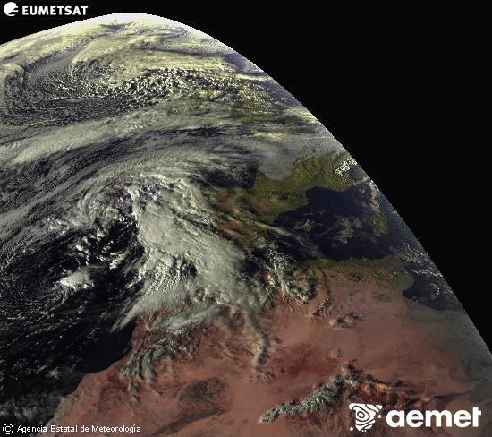 Esta imagen se genera utilizando informacin de los canales visibles del satlite METEOSAT perteneciente a la segunda generacin de satlites Meteosat (MSG). Por ese motivo, slo hay informacin en la zona iluminada por el sol. Adems, los canales han sido normalizados para que el brillo no dependa de la posicin del sol. Tuesday, 28 October  2025 17:00