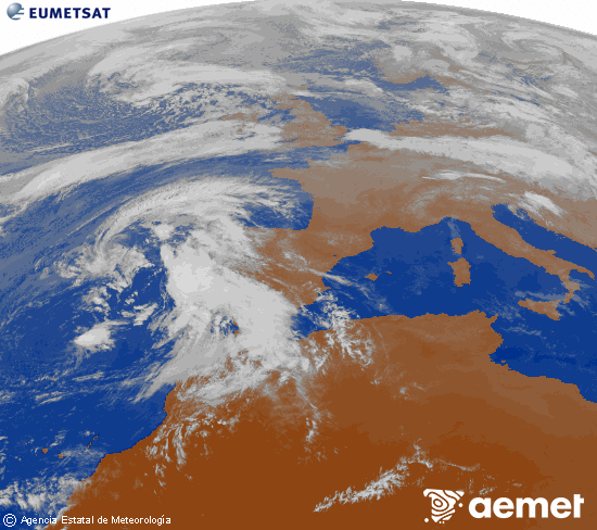 Imagen de la zona de Europa y Norte de frica del canal infrarrojo del satlite Meteosat operacional en 0N 0W, procesada para darle color. mardi, 28 octobre  2025 17:00