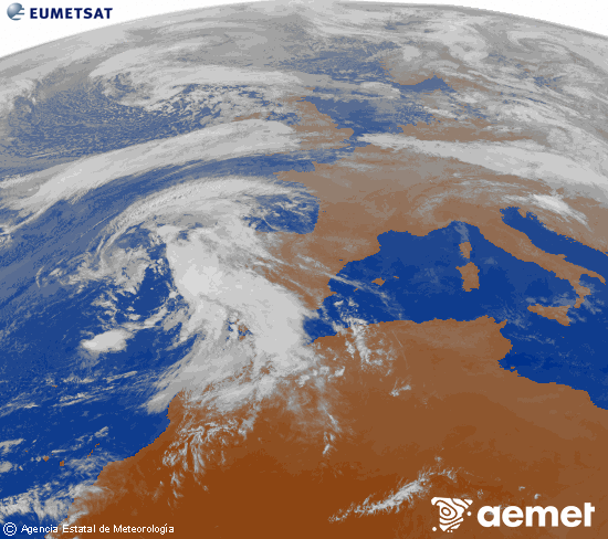 Imagen de la zona de Europa y Norte de frica del canal infrarrojo del satlite Meteosat operacional en 0N 0W, procesada para darle color. mardi, 28 octobre  2025 18:00