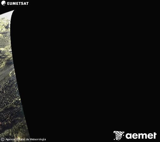 Esta imagen se genera utilizando informacin de los canales visibles del satlite METEOSAT perteneciente a la segunda generacin de satlites Meteosat (MSG). Por ese motivo, slo hay informacin en la zona iluminada por el sol. Adems, los canales han sido normalizados para que el brillo no dependa de la posicin del sol. Tuesday, 28 October  2025 19:00