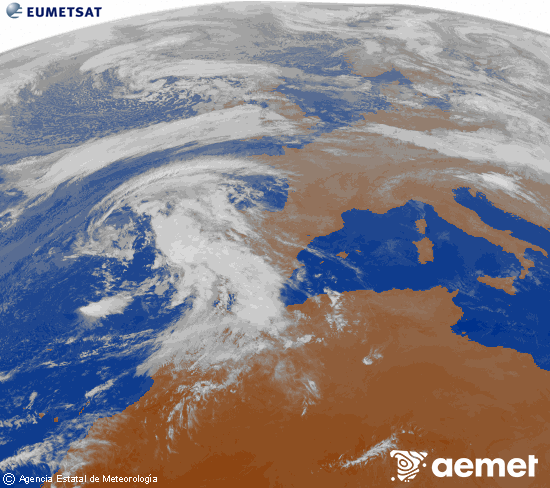 Imagen de la zona de Europa y Norte de frica del canal infrarrojo del satlite Meteosat operacional en 0N 0W, procesada para darle color. mardi, 28 octobre  2025 19:00