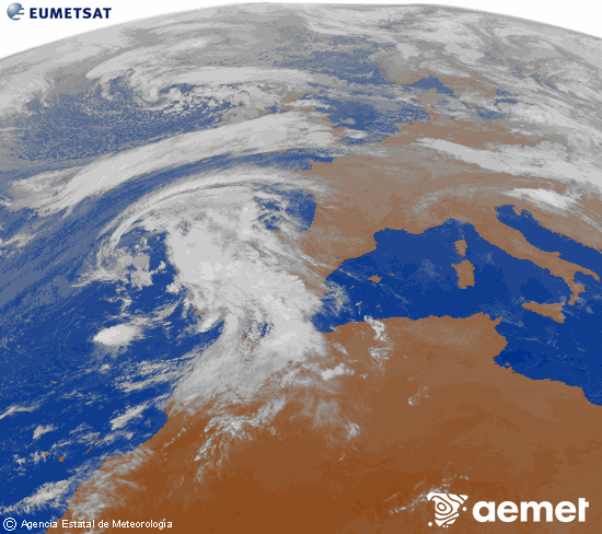 Imagen de la zona de Europa y Norte de frica del canal infrarrojo del satlite Meteosat operacional en 0N 0W, procesada para darle color. mardi, 28 octobre  2025 20:00