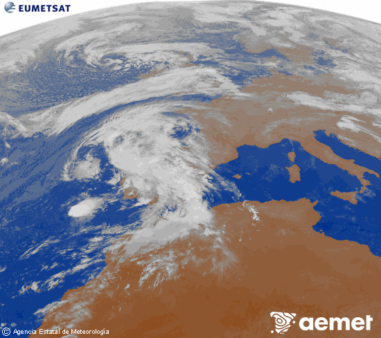 Imagen de la zona de Europa y Norte de frica del canal infrarrojo del satlite Meteosat operacional en 0N 0W, procesada para darle color. mardi, 28 octobre  2025 22:00