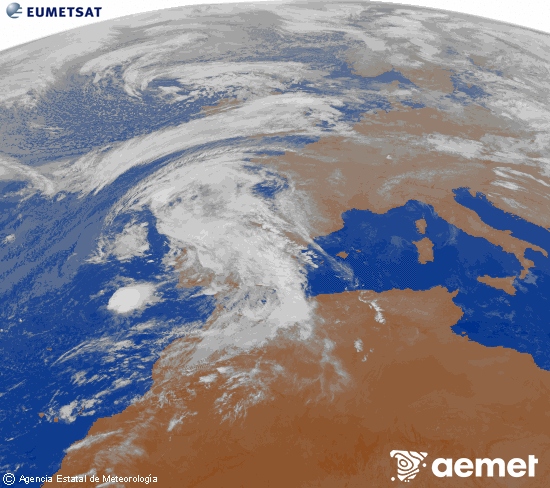 Imagen de la zona de Europa y Norte de frica del canal infrarrojo del satlite Meteosat operacional en 0N 0W, procesada para darle color. mardi, 28 octobre  2025 23:00