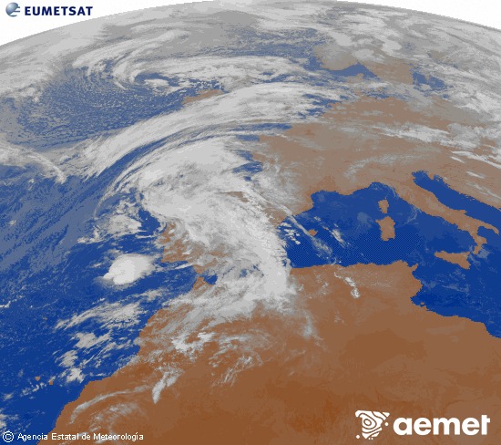 Imagen de la zona de Europa y Norte de frica del canal infrarrojo del satlite Meteosat operacional en 0N 0W, procesada para darle color. mercredi, 29 octobre  2025 00:00