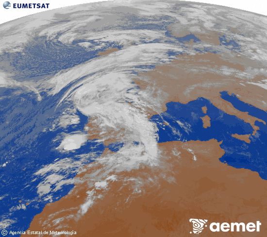 Imagen de la zona de Europa y Norte de frica del canal infrarrojo del satlite Meteosat operacional en 0N 0W, procesada para darle color. mercredi, 29 octobre  2025 01:00