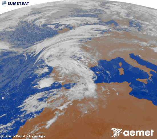 Imagen de la zona de Europa y Norte de frica del canal infrarrojo del satlite Meteosat operacional en 0N 0W, procesada para darle color. mercredi, 29 octobre  2025 02:00