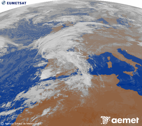 Imagen de la zona de Europa y Norte de frica del canal infrarrojo del satlite Meteosat operacional en 0N 0W, procesada para darle color. mercredi, 29 octobre  2025 04:00